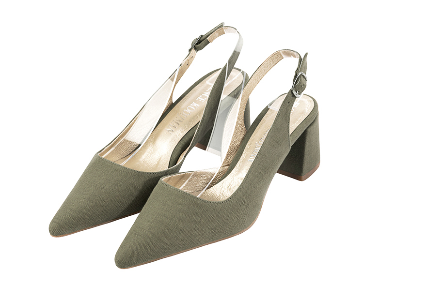 , coloris vert kaki. Bout pointu. Mi-haut à haut. Talon évasé. Cérémonie, soirée, cocktail, évènementiel. Personnalisation : Choix des cuirs, 
                des couleurs et des talons. Petites et grandes pointures. - Florence KOOIJMAN
